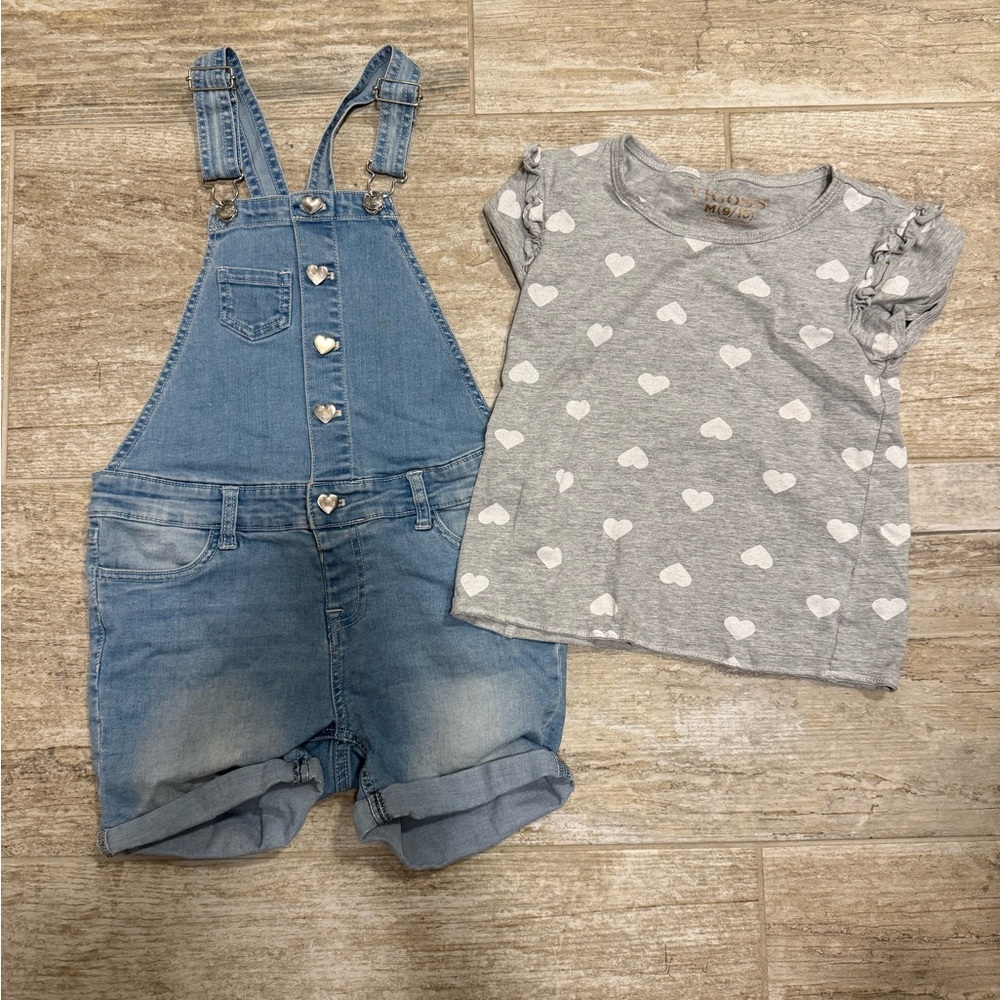 Vigoss Light Blue Denim Overalls with Gray Heart Tee